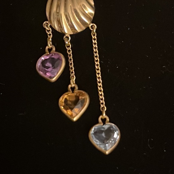 14 k GOLD AND SEMI PRECIOUS HANGING HEART EARRINGS - Picture 3 of 5